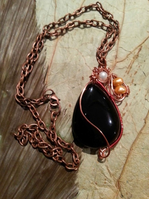 Wire Wrapped Pendant; Resin Necklace; Black & Red Pendant